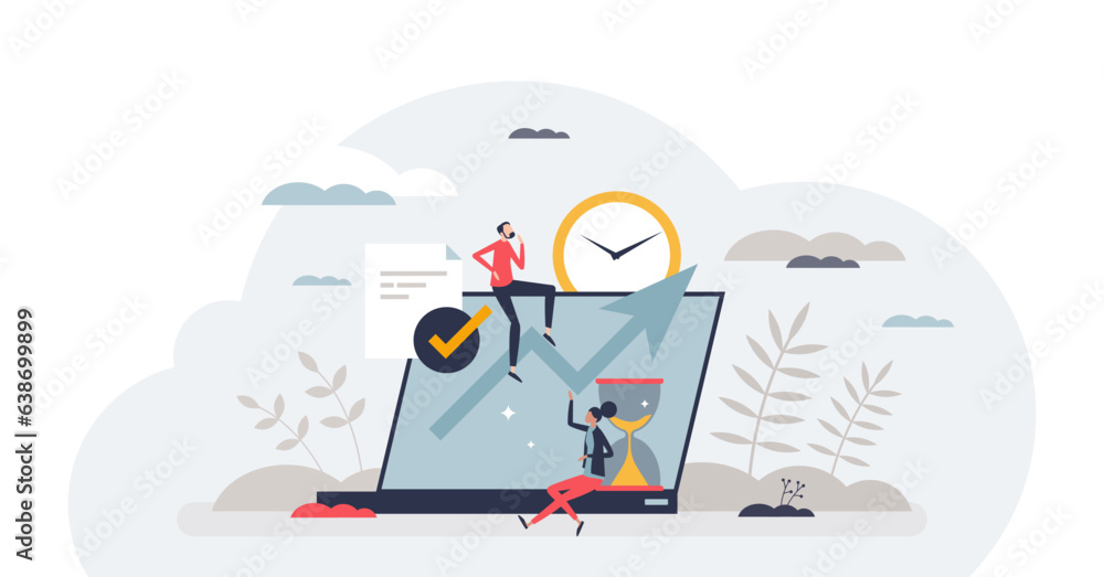 Poster time tracking and effective working hours management tiny person concept, transparent background. pr