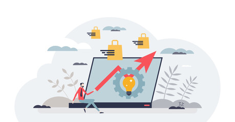 Business productivity and efficient commerce strategy tiny person concept, transparent background. Webshop company development and successful growth with effective sales profits illustration.