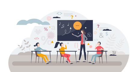 Classroom management and education teaching process tiny person concept, transparent background. School kids with knowledge lessons and cognitive encouragement from teacher illustration.