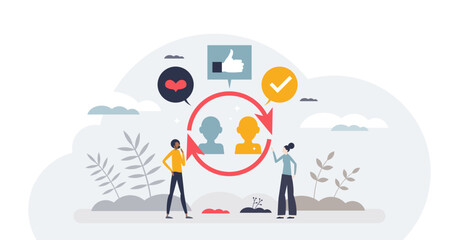 Influencer marketing as brand communication to audience tiny person concept, transparent background. Celebrity work in social media for brand awareness promotions in stories or posts illustration.