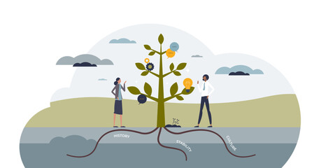 Organizational development or growth for business company tiny person concept, transparent background. Cooperative tree with history, stability and culture roots.