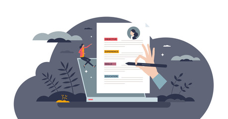 Resume writing and CV typing for vacancy application tiny person concept, transparent background. Write objectives, experience, skills and education on letter for human resources illustration.