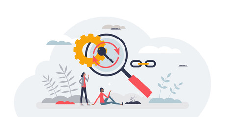 SEO optimization and search engine effective development tiny person concept, transparent background.Link strong keywords to increase website ranking illustration.