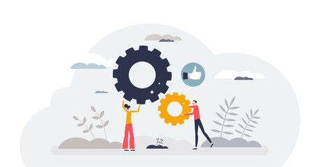 Team building activity for effective business partnership tiny person concept, transparent background. Collaboration and teamwork power for company growth and productive employee work illustration.