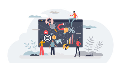 Web marketing and internet advertising using SEO tools tiny person concept, transparent background. Website management and business strategy using ads, banners.