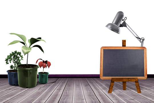 Digital png illustration of blackboard, lamp and plants on transparent background