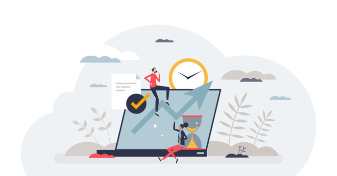 Time tracking and effective working hours management tiny person concept, transparent background. Productive software app for employee work efficiency monitoring illustration.