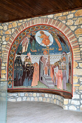 Gemälde an einer Wand des Holy Cross Monastery, Mănăstirea Lupșa Monastery near Mănăstirea in Romania