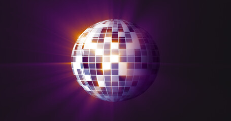 Abstract purple mirrored spinning round disco ball for discos and dances in nightclubs 80s, 90s luminous background