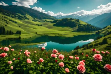 mountain landscape with flowers and lake