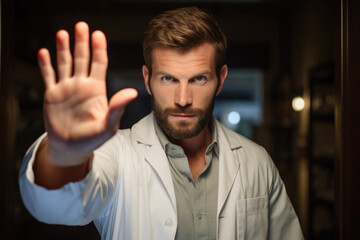 Man dressed in a lab coat and glasses making a stop sign gesture with his hand, emphasizing caution or bringing attention to an important point. Suitable for concepts related to safety.