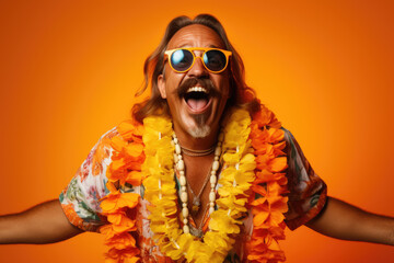 Cheerful man dressed in tropical garb, sporting sunglasses and a lei, exuding tropical vibes and...