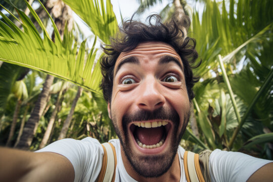 Man Is Caught In Surprised Expression As He Takes Selfie Amidst Beauty Of Nature. Ideal For Illustrating Genuine Reactions, Outdoor Photography, Unexpected Moments, And The Joy Of Capturing Memories.