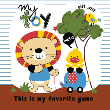 lion and friend play in the garden funny animal cartoon,vector illustration