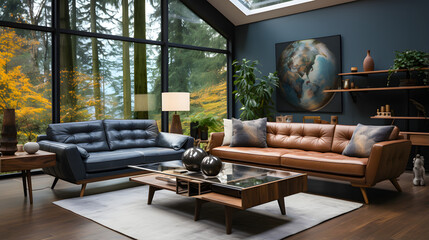 Mid-century style home interior design of modern living room. Accent coffee table near black tufted sofa against windows