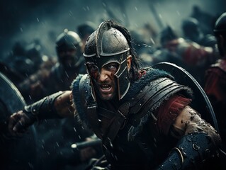 Obraz premium Epic battle showing the fearless attacking gritty spartans on the battlefield, warriors fighting in the foreground and in the background, 