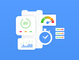 Website Speed Test concept. Technical seo for enhance web page speed. Website loading speed vector isolated illustration on blue background with icons - obrazy, fototapety, plakaty