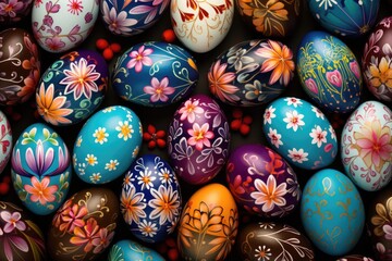 Easter eggs and flowers background