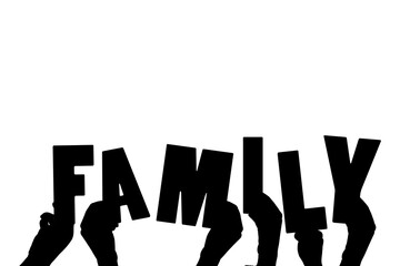 Digital png illustration of hands with family text on transparent background