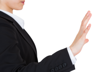 Digital png photo of caucasian businesswoman touching virtual screen on transparent background