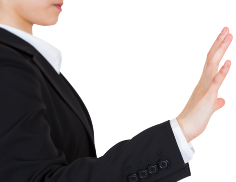 Digital png photo of caucasian businesswoman touching virtual screen on transparent background