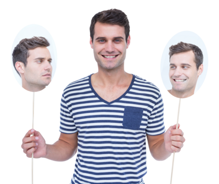 Digital png photo of happy caucasian man holding cards with heads on transparent background - Powered by Adobe