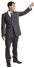 Digital png photo of caucasian businessman raising his hand on transparent background