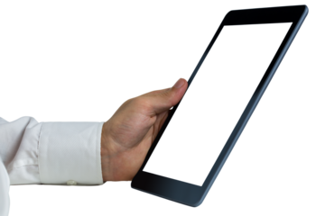 Digital png photo of hand caucasian man holding tablet with copy space on transparent background