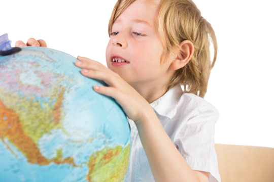 Digital png photo of caucasian schoolboy looking at globe on transparent background