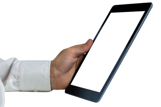 Digital png photo of hand caucasian man holding tablet with copy space on transparent background