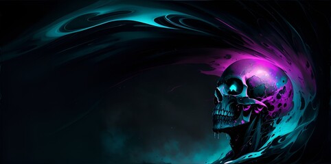 Photo of a painting of a skull illuminated with a vibrant purple light