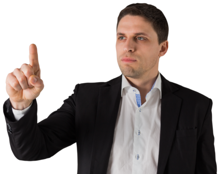 Digital png photo of caucasian businessman touching virtual screen on transparent background