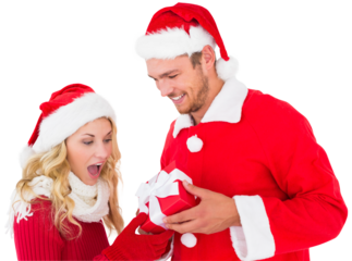 Digital png photo of happy santa claus and woman with gift at christmas on transparent background