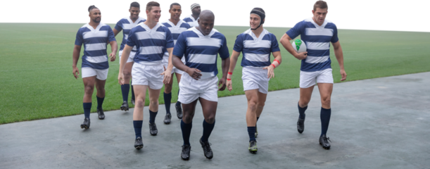 Digital png photo of diverse male rugby players on transparent background
