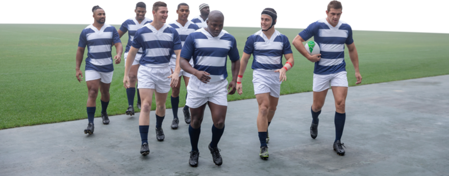 Digital png photo of diverse male rugby players on transparent background