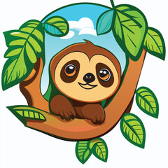 cute baby sloth hanging from a tree branch amidst a colorful rainforest, white background, tshirt d, vector illustration cartoon