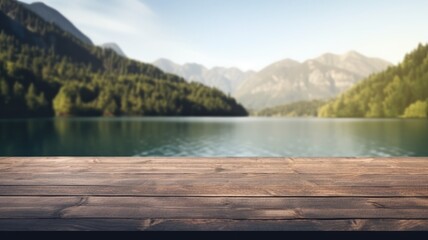 Empty wooden table with blurred nature background