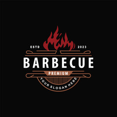 Fototapeta na wymiar BBQ Hot Grill Logo, Barbeque Typography Vintage Design Label Stamp, Logo Restaurant, Cafe, Bar Simple
