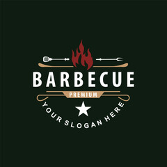 BBQ Hot Grill Logo, Barbeque Typography Vintage Design Label Stamp, Logo Restaurant, Cafe, Bar Simple