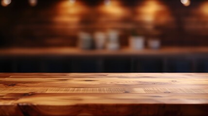 Empty wooden table with cafe kitchen background - obrazy, fototapety, plakaty