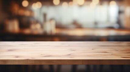 Fototapeta na wymiar Empty wooden table with cafe kitchen background