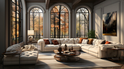  Beige tufted chesterfield sofa and brown wing chairs. Art deco interior design of modern living...
