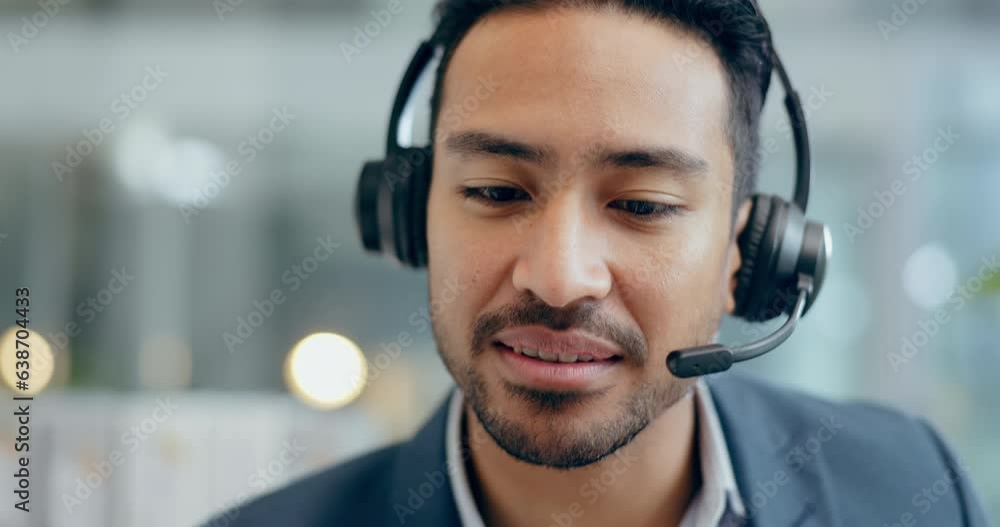 Poster Man, face and telemarketing communication in call center for customer service, FAQ advisory and IT questions. Asian salesman, microphone and consulting at help desk in CRM agency for telecom support