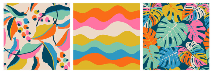 Set of hand drawn tropical flowers, seamless patterns with floral for fabric, textiles, clothing, wrapping paper, cover, banner, interior decor, abstract backgrounds.