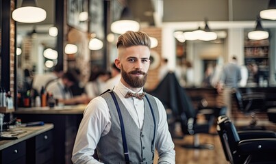 a barber is waiting for a client in a hair salon - obrazy, fototapety, plakaty