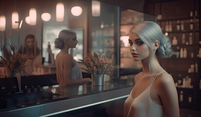 portrait of a beautiful girl in a beauty salon, plain light background, model appearance. Makeup, styling made with Generative AI