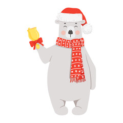 Obraz premium Cute polar bear in red hat, scarf with bell. Funny vector illustration for Christmas cards and posters.