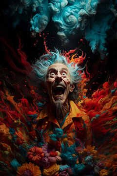 Deranged old man in a dark room bursting with an explosion of flowers and bright colored paint
