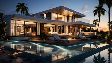 Fototapeta premium Exterior of amazing modern minimalist cubic villa with large swimming pool among palm trees