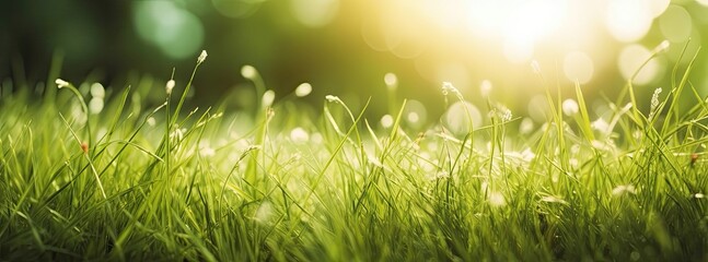 Dewy fresh grass in spring sun. Seasonal meadow background with light bokeh and short depth of field